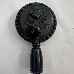 Vintage Plate’ Trio-Ette Black Plastic Embossed Rose Triple Vanity Compact